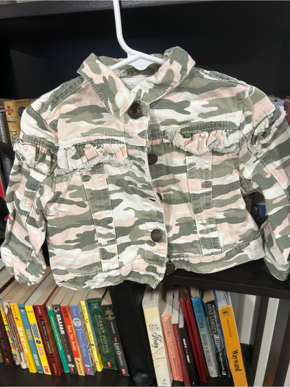 Mud Pie Pink & Green Camo Ruffle Jean Jacket